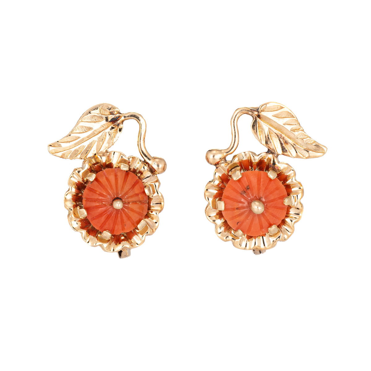 Red Coral Non-Pierced 14K Yellow Gold Vintage Earrings