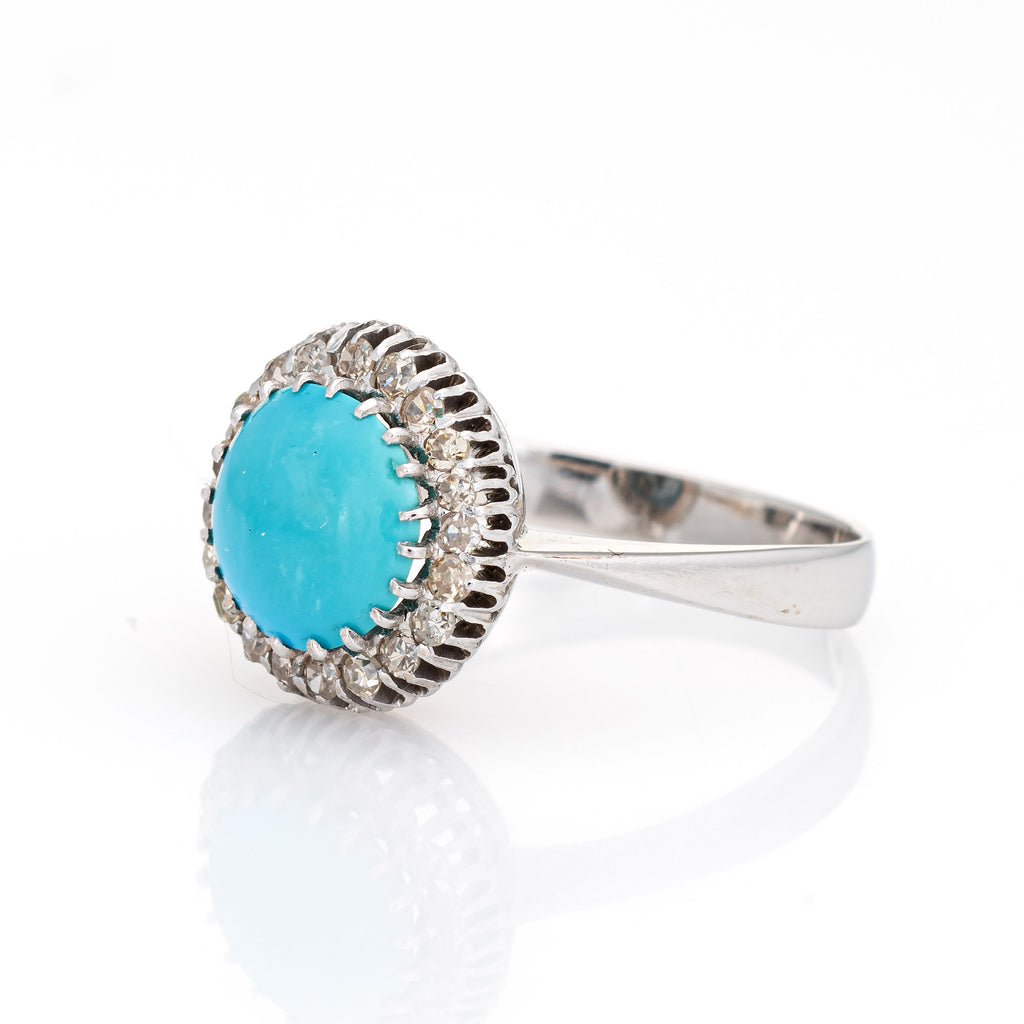 Persian Turquoise Diamond Ring Vintage 14k White Gold Round Halo Fine ...