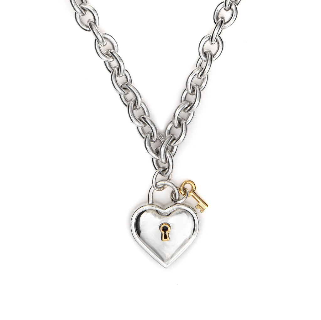 Tiffany Co Silver 18K Gold Open Heart Key Necklace Pendant Charm Chain Gift  Love