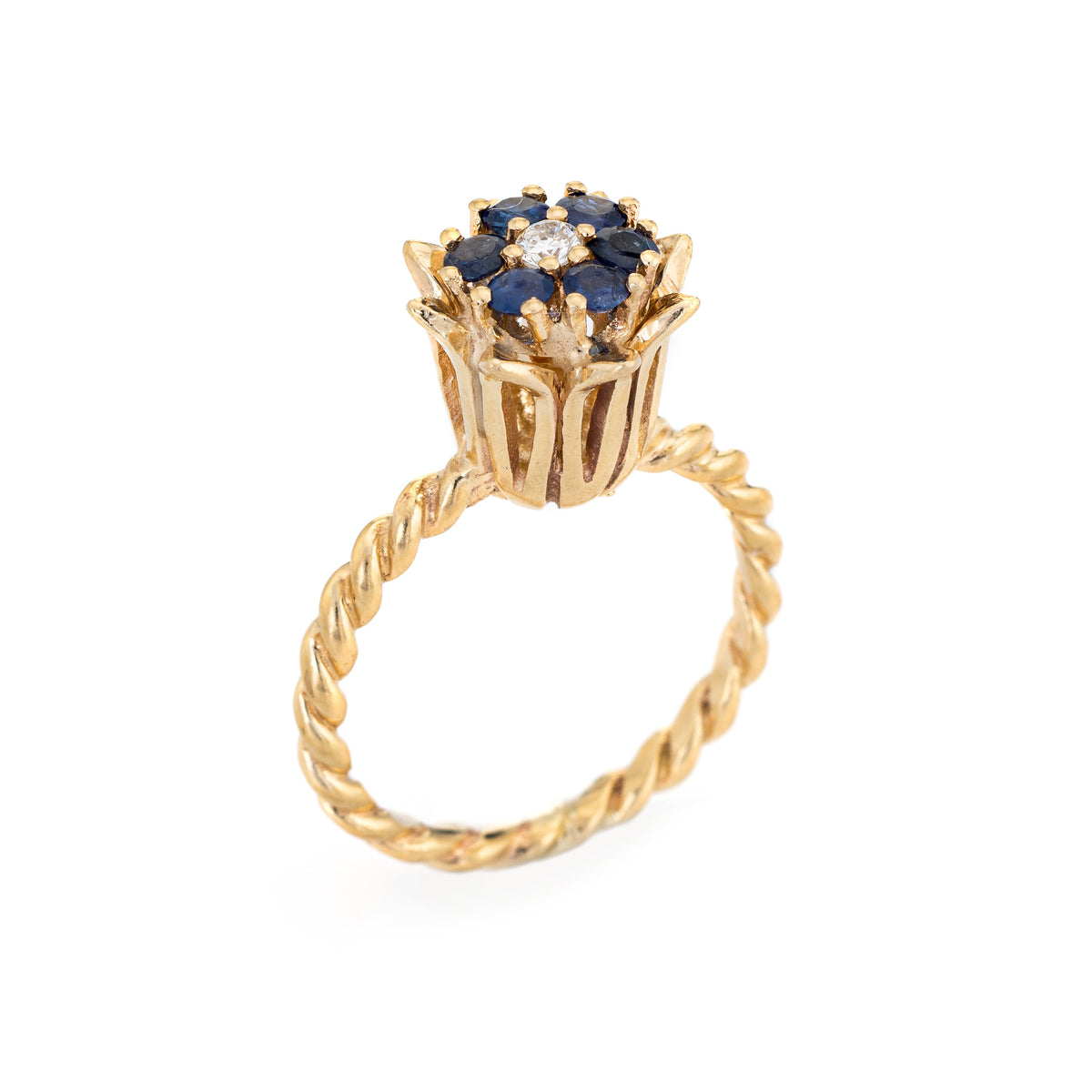 Sapphire Diamond Tulip Ring Vintage 14k Yellow Gold Stacking Band