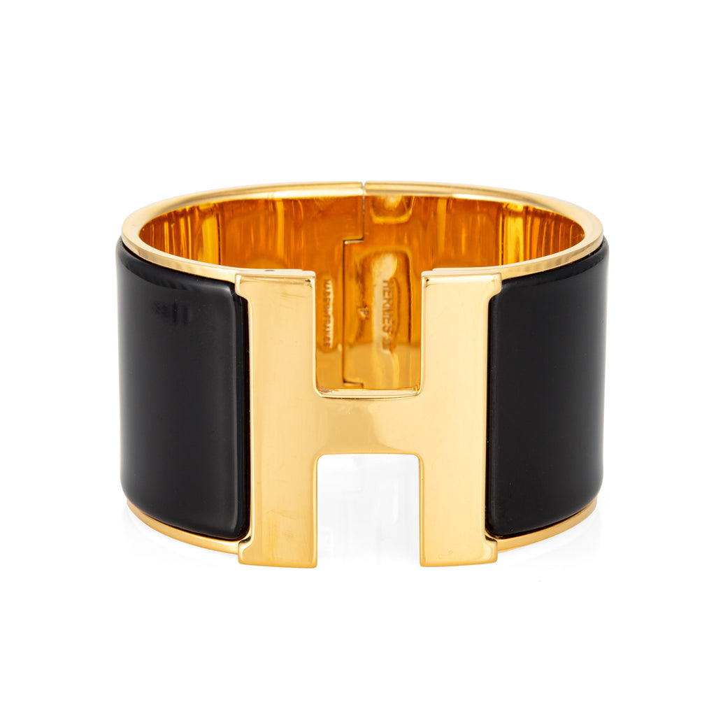 Hermès Clic Clac H Bracelet - Black & Gold, Enamel, 17.7 cm/20 mm